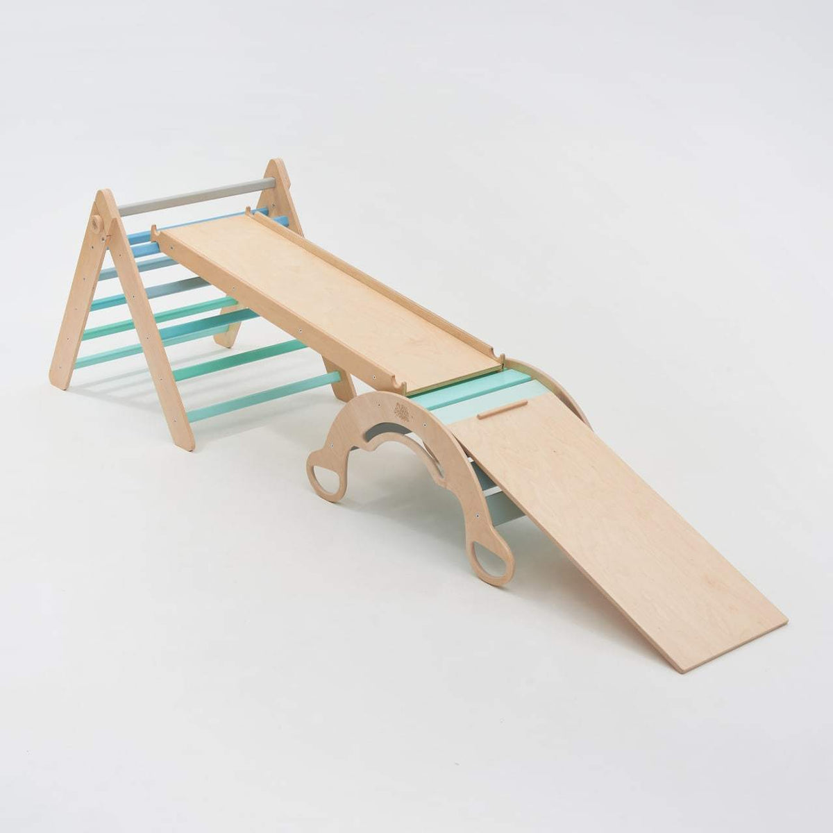 Montessori play set with triangle, mint accessories, and slide.