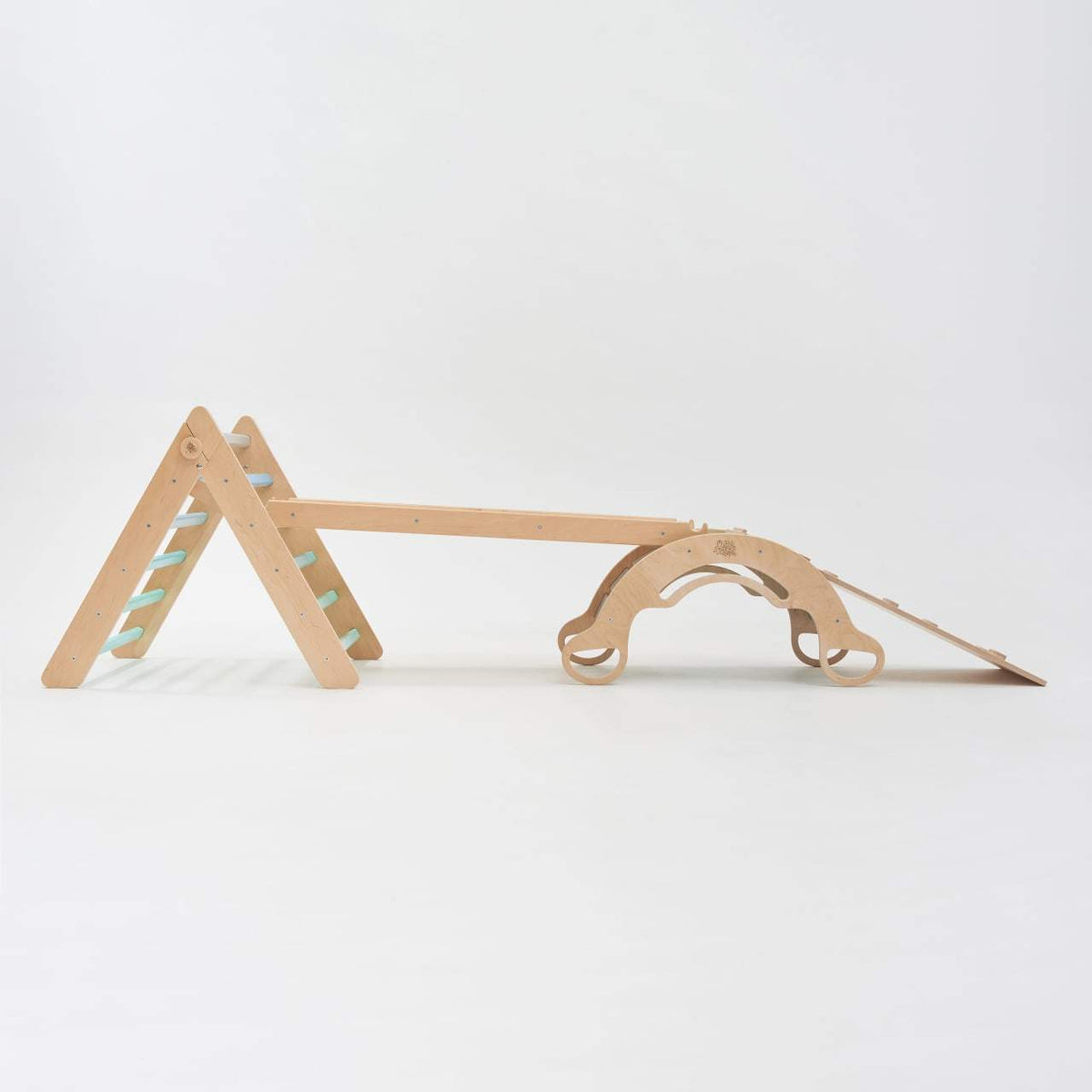Montessori set with triangle, slides, and swing in mint color for children&#39;s play and development.