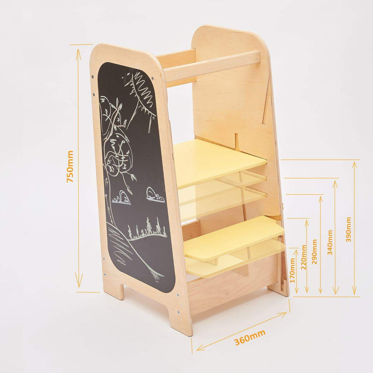 Multifunctional yellow Lernturm with adjustable platform and side play elements made from birch plywood.