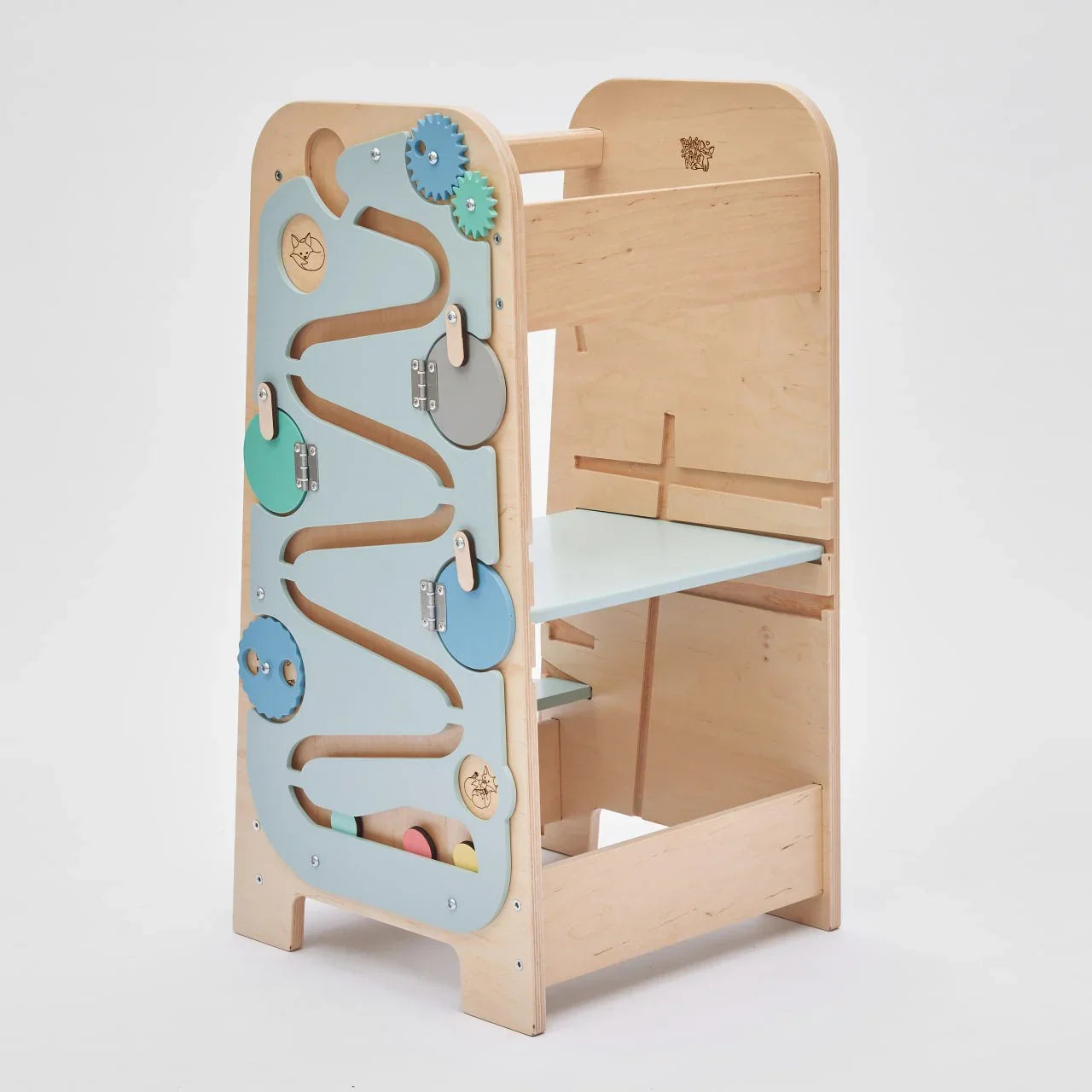 Multifunctional 5-in-1 Mint Learning Tower for children with adjustable height and playful side elements.