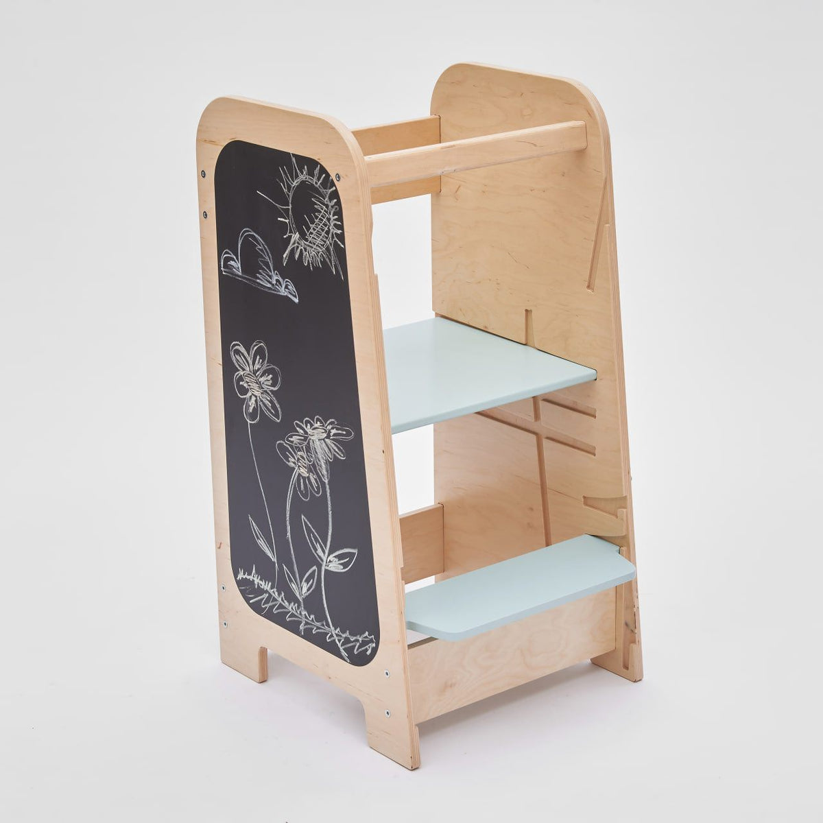 Multifunctional mint learning tower for toddlers with adjustable platform and chalkboard.