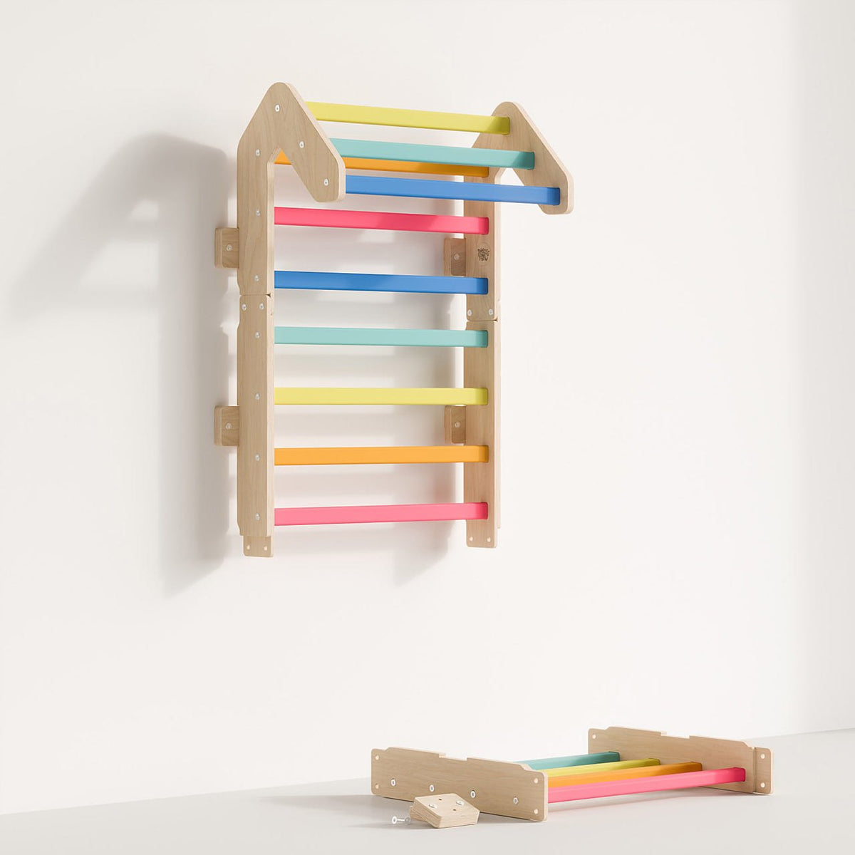 Wooden Sprossenwand for children with colorful rungs, ideal for indoor play, motor skill development, and gymnastics.