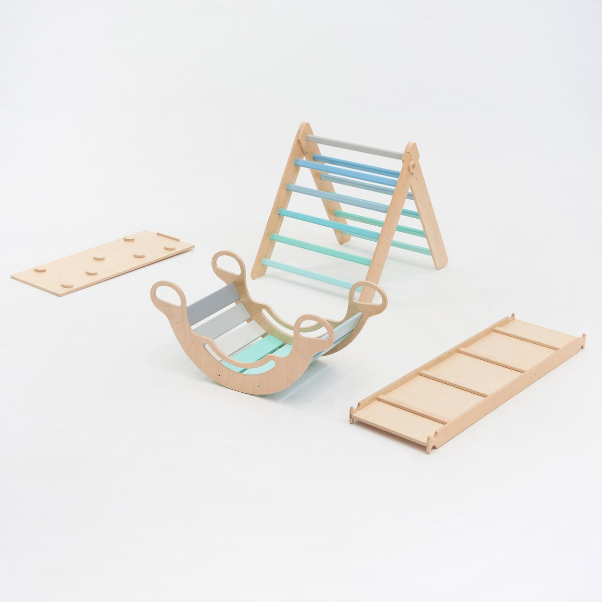 Montessori play set with triangle, two slides, climbing ladders, and swing in mint color.
