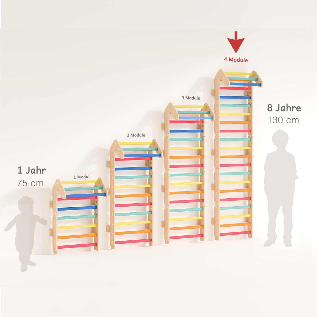 Sprossenwand BusyKids Maxi Plus in bright colors, adjustable height, wooden modules for children and adults.