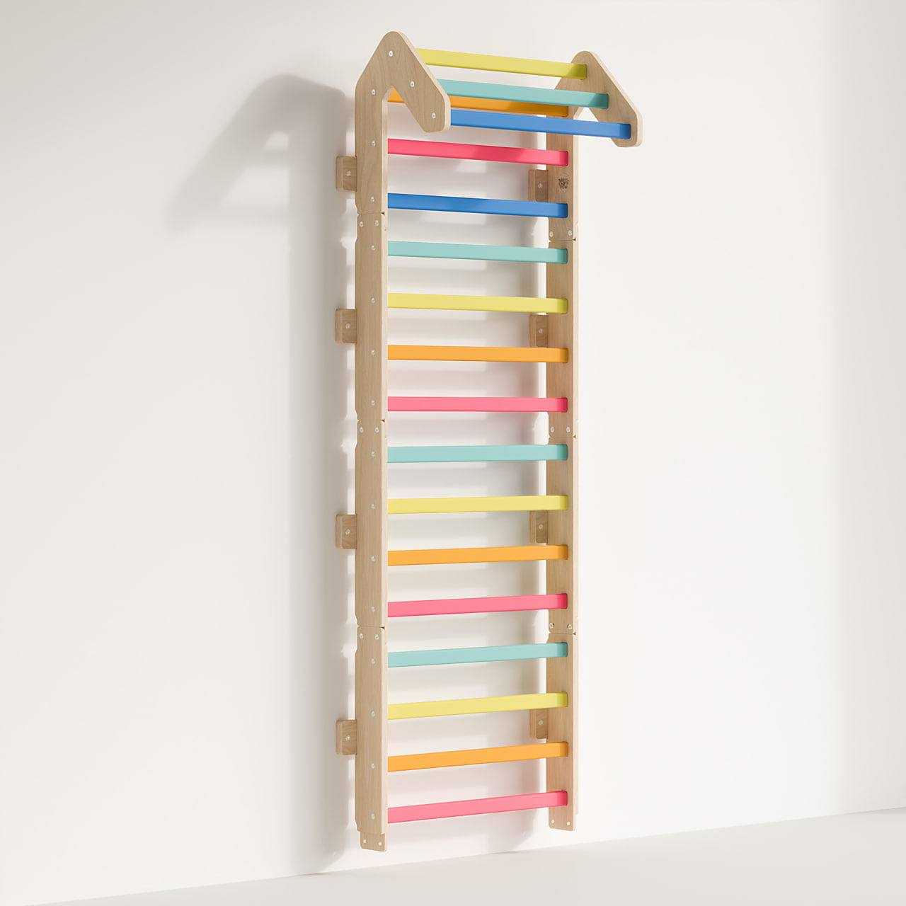 Colorful children's climbing wall made of sturdy birch and beech wood, Sprossenwand for indoor play.