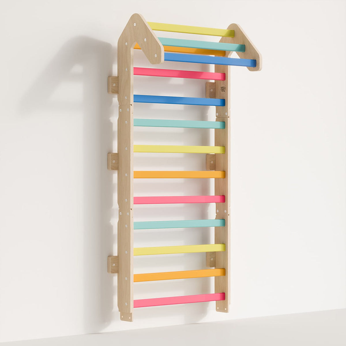 Colorful Sprossenwand BusyKids 2-in-1 climbing wall for children and adults, made of birch plywood and beech wood.