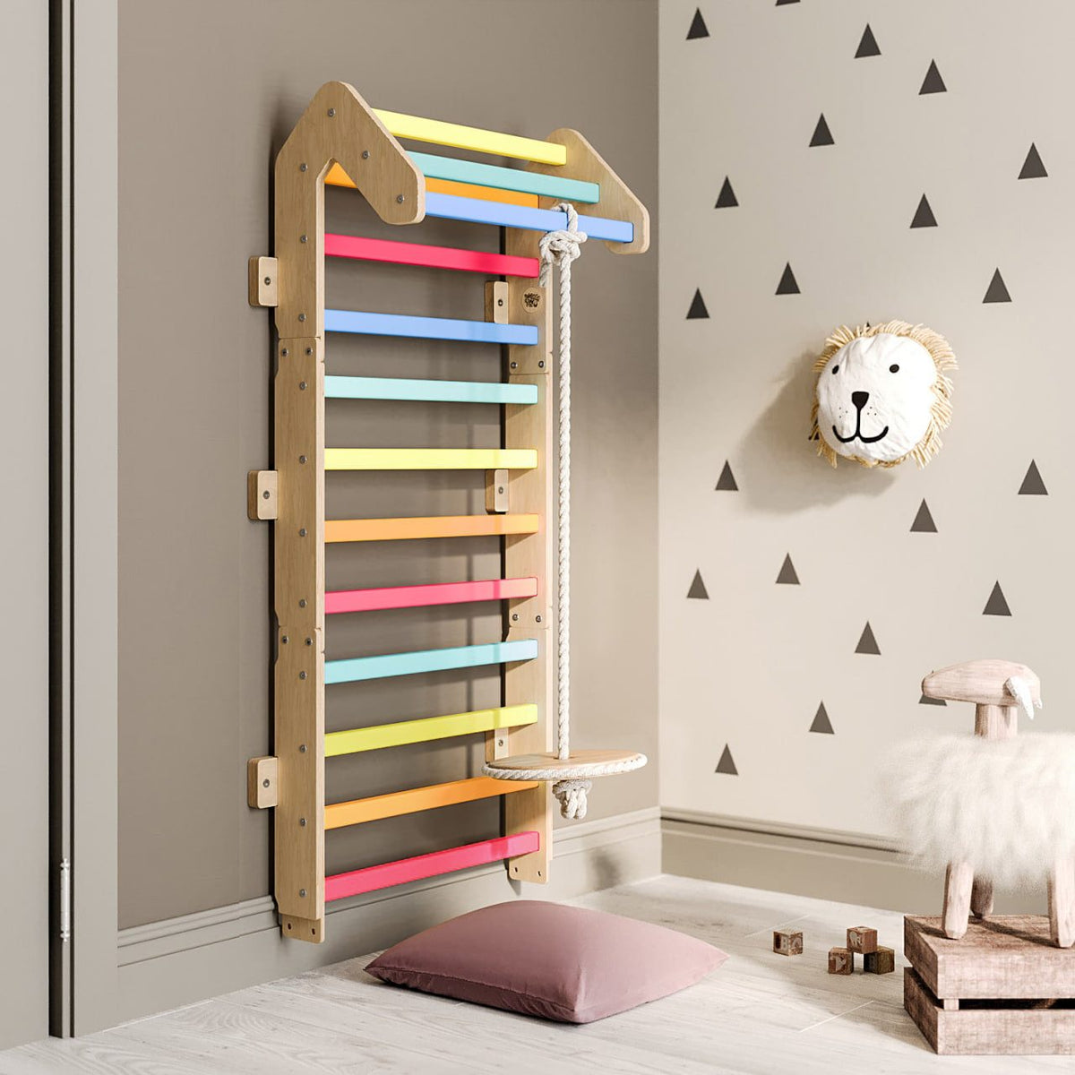 Colorful children&#39;s Sprossenwand by BusyKids, featuring climbing rungs and a rope swing, designed for motor skill development and indoor play.