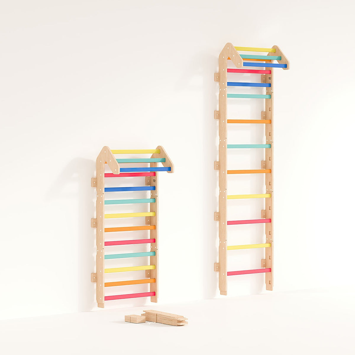 2-in-1 adjustable Sprossenwand for kids and adults, made of birch and beech wood.