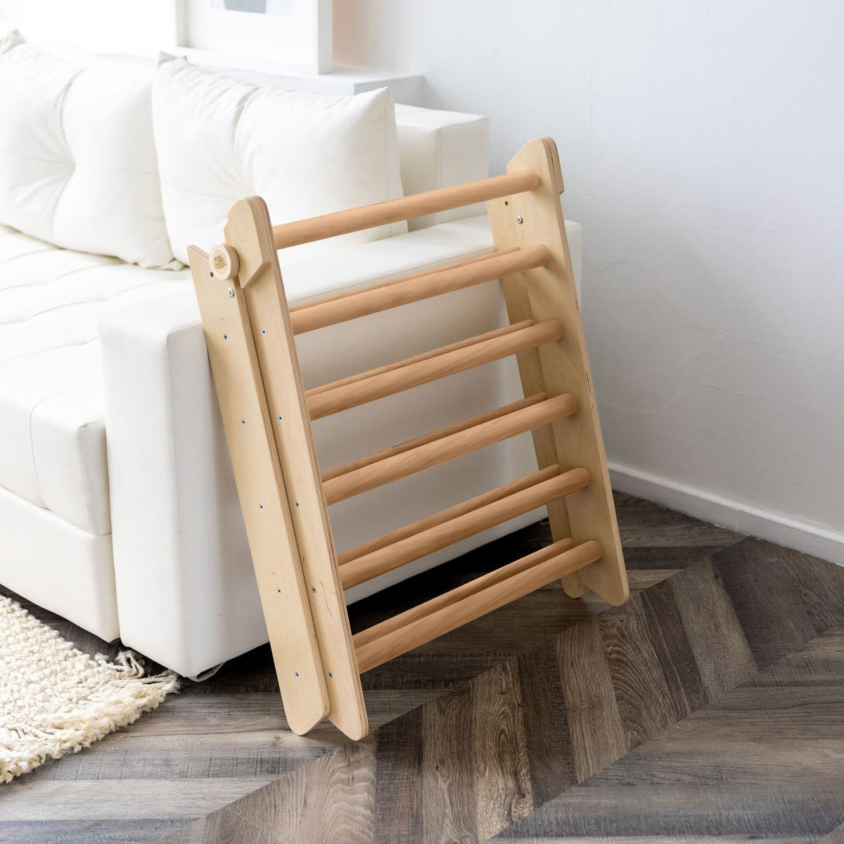 Wooden Pikler climbing triangle for children without coating, perfect for motor skill development.