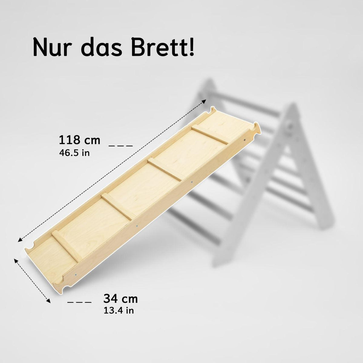 Doppelseitiges Brett für Pikler Dreieck, Maße 118 x 34 cm, vielseitig als Rutsche und Kletterbrett nutzbar.