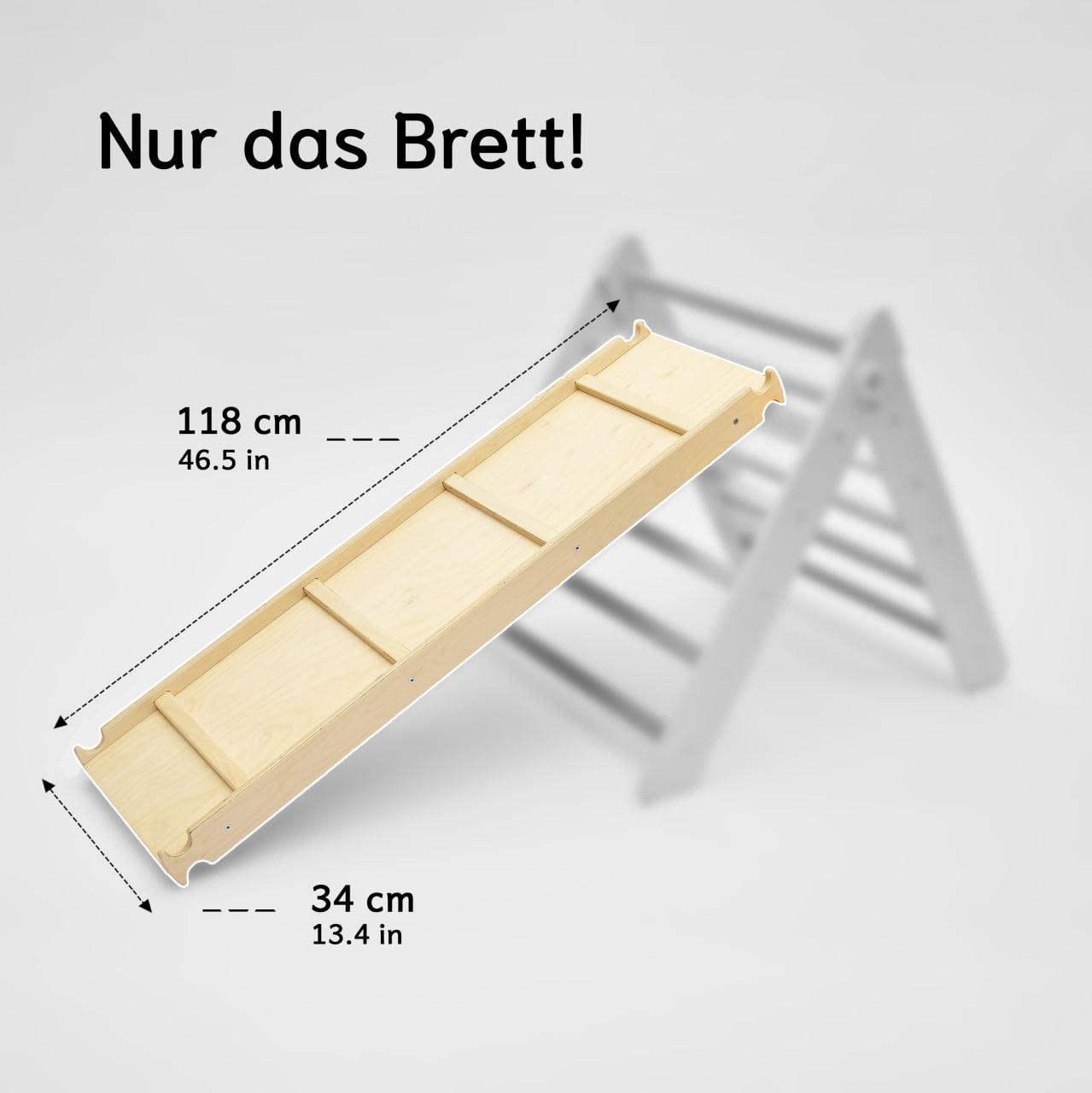 Doppelseitiges Brett für Pikler Dreieck, Maße 118 x 34 cm, vielseitig als Rutsche und Kletterbrett nutzbar.
