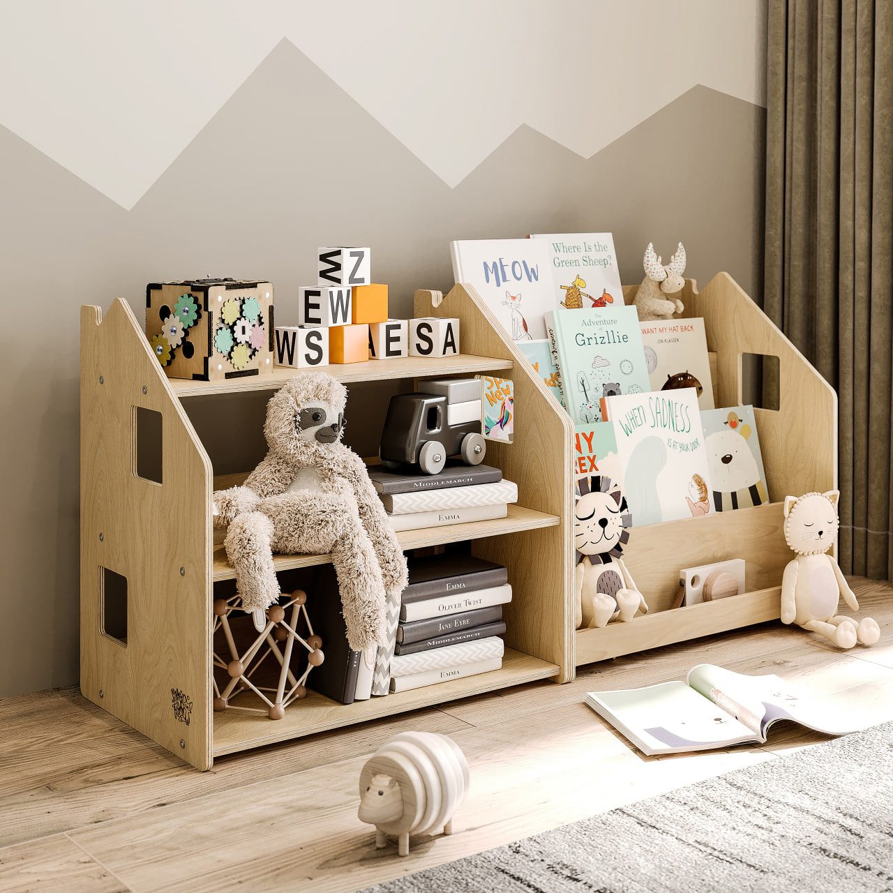Montessori Bücherregal und Spielzeugregal im Kinderzimmer, minimalistisches Design, leicht zugängliche Aufbewahrung.