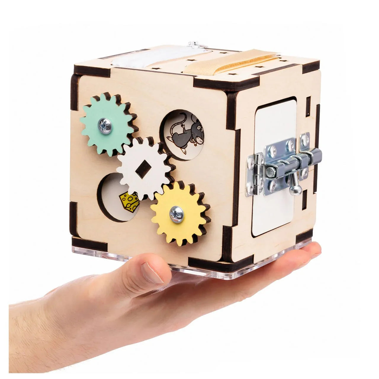 Interactive wooden learning cube for children, featuring gears and locks for fine motor skill development.