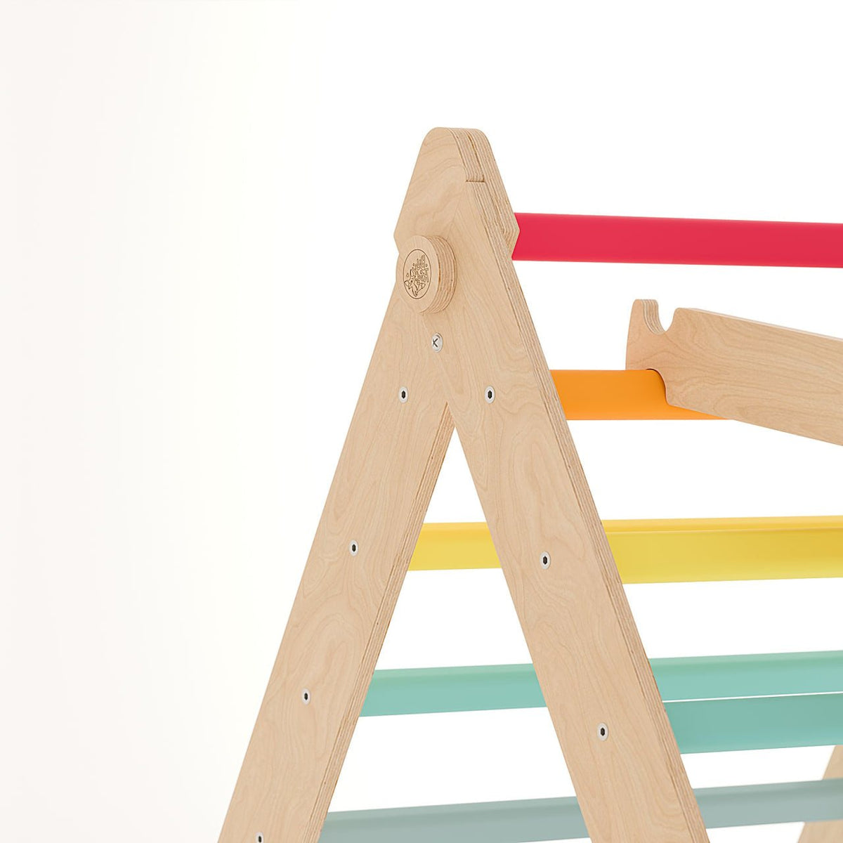 Colorful Pikler triangle set with rainbow rungs, part of a children&#39;s sprossenwand climbing playset.