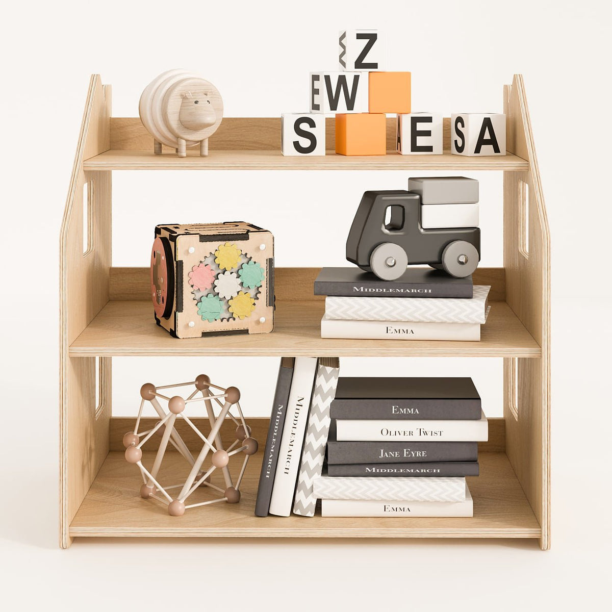Montessori Bücherregal und Spielzeugregal im Kinderzimmer, minimalistisches Design, kindgerecht und stabil.