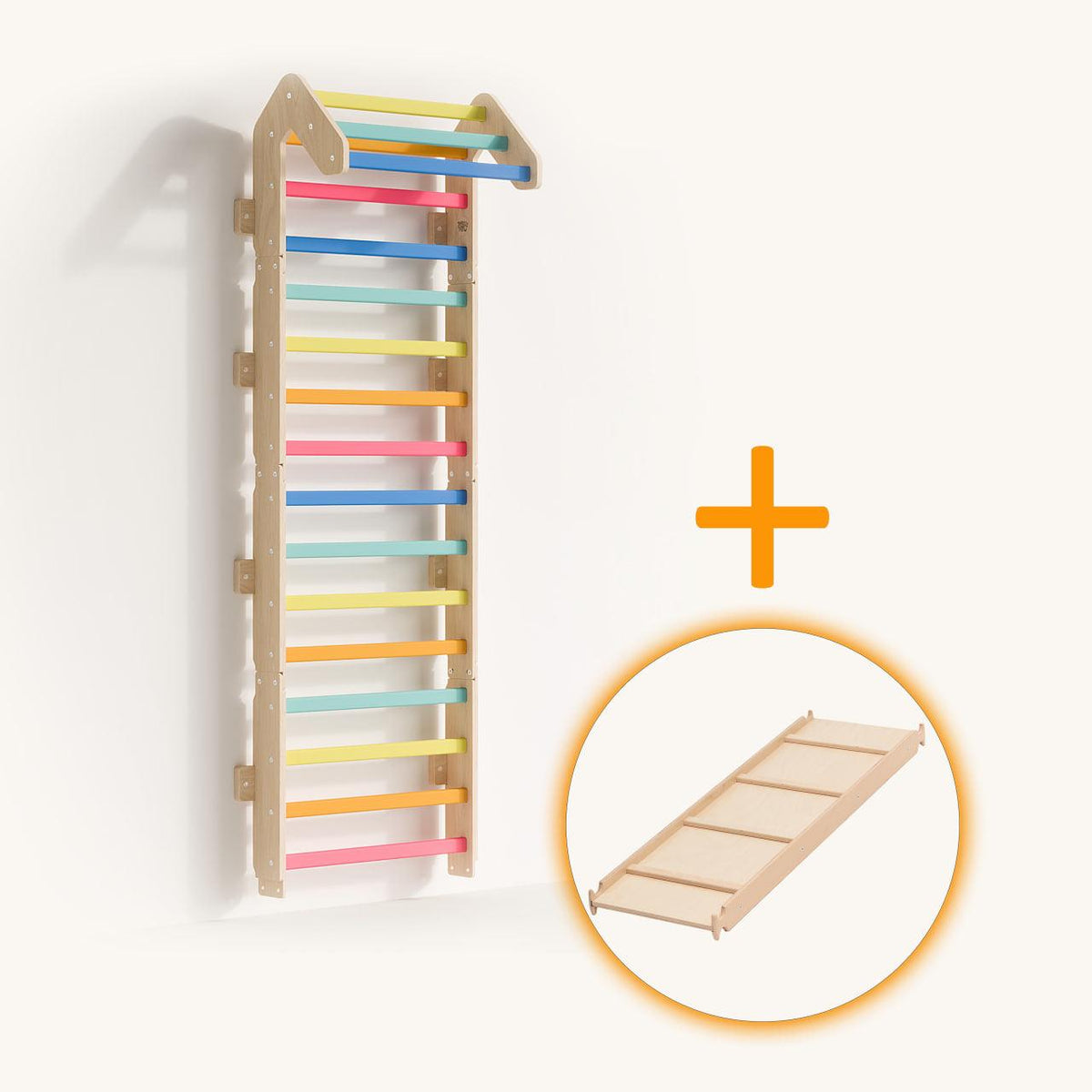 Children&#39;s climbing wall set with double-sided board, colorful, adjustable height, Birch plywood and Beech wood construction.