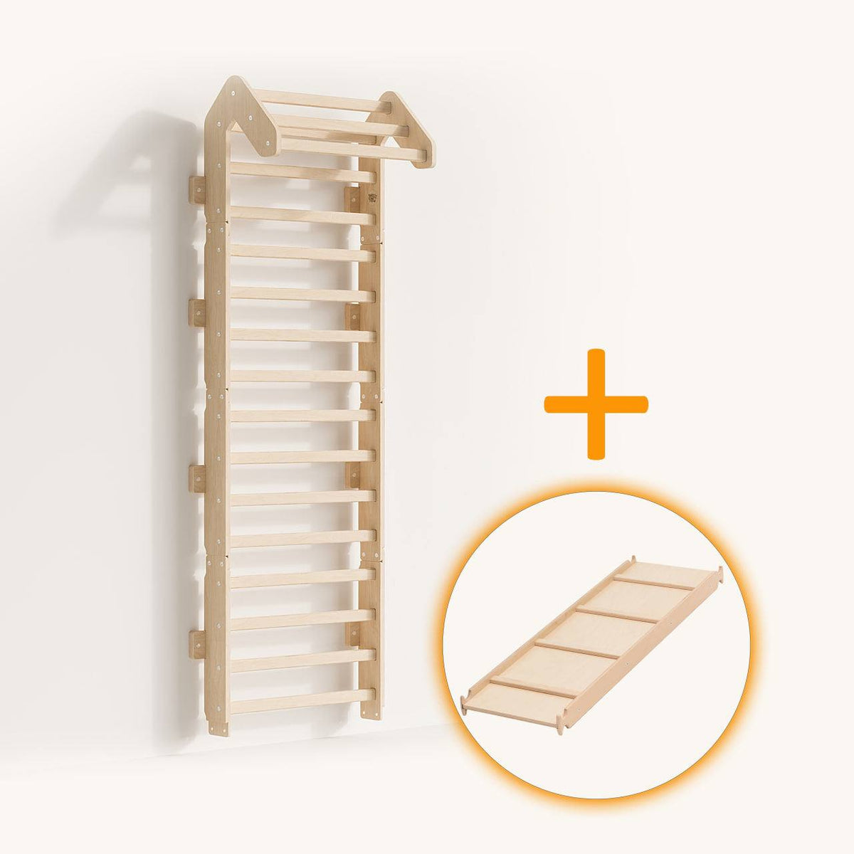 Children&#39;s adjustable wall bars set with double-sided board for climbing and sliding.