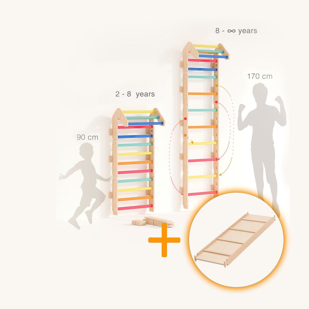 Children's adjustable wall bars with double-sided board, featuring colorful rungs, designed for ages 2 and up, adaptable to adult size.
