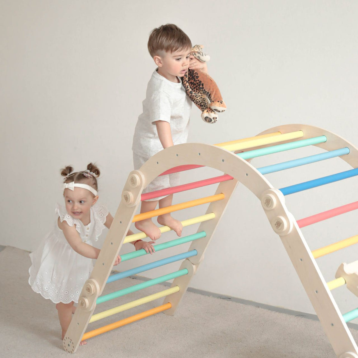 Children playing on rainbow-colored wooden climbing frame set with swing.