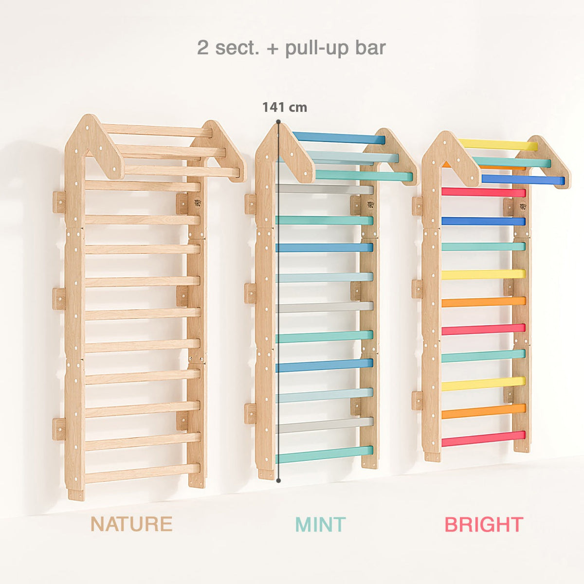 Children&#39;s Sprossenwand Mini in light wood with pull-up bar and colorful modules, 141 cm height.