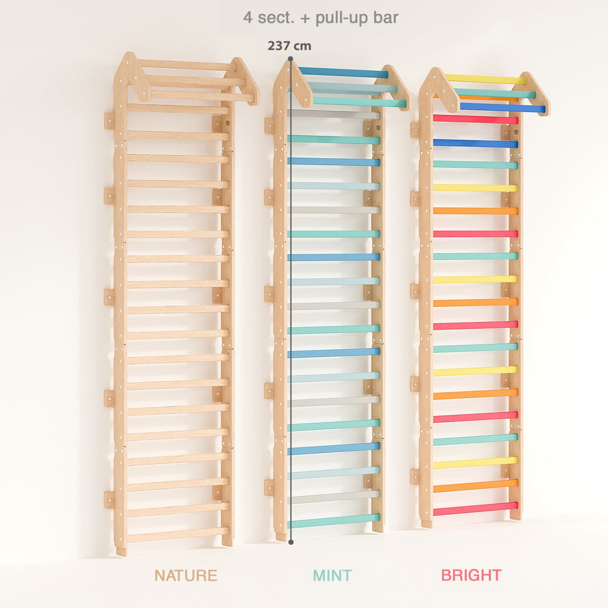 Colorful BusyKids Maxi Plus Sprossenwand featuring pull-up bar and modular design in natural, mint, and bright colors.