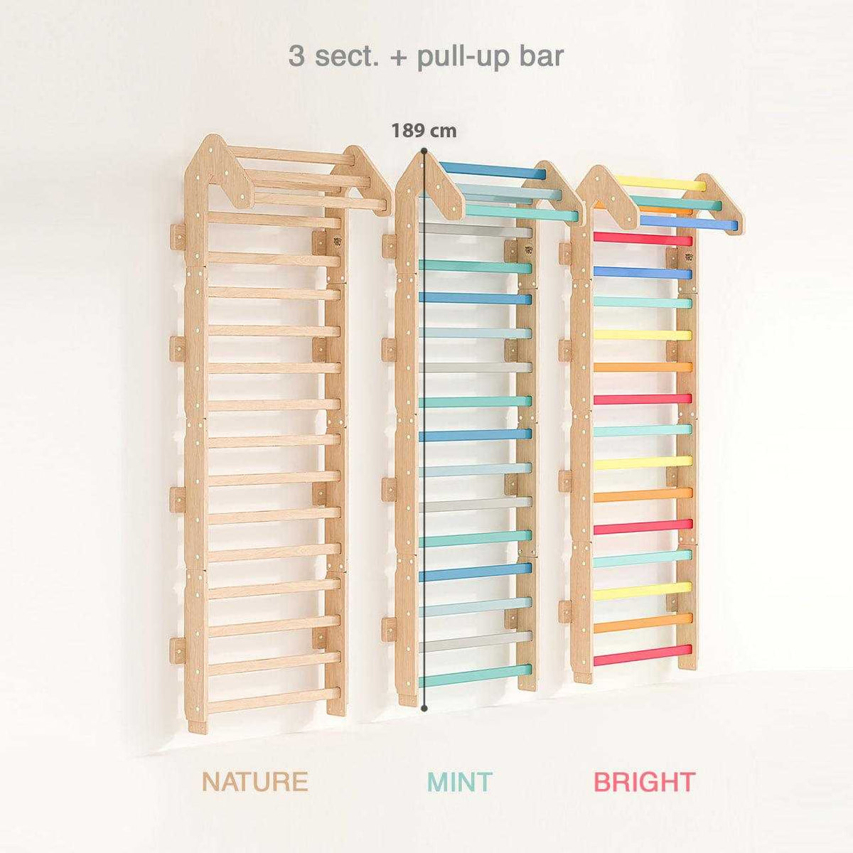 Children&#39;s indoor climbing wall with pull-up bar, available in bright colors, features adjustable height and modular system for developmental play, busykids Sprossenwand.