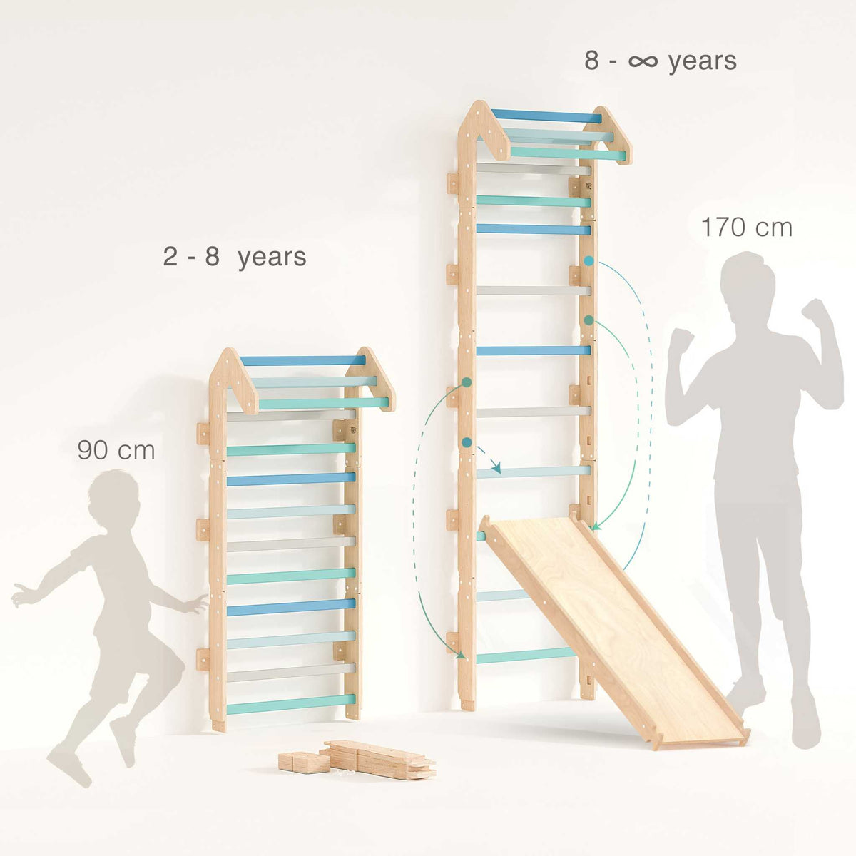 Children&#39;s adjustable climbing wall with double-sided board for various age groups, promoting motor skills development.