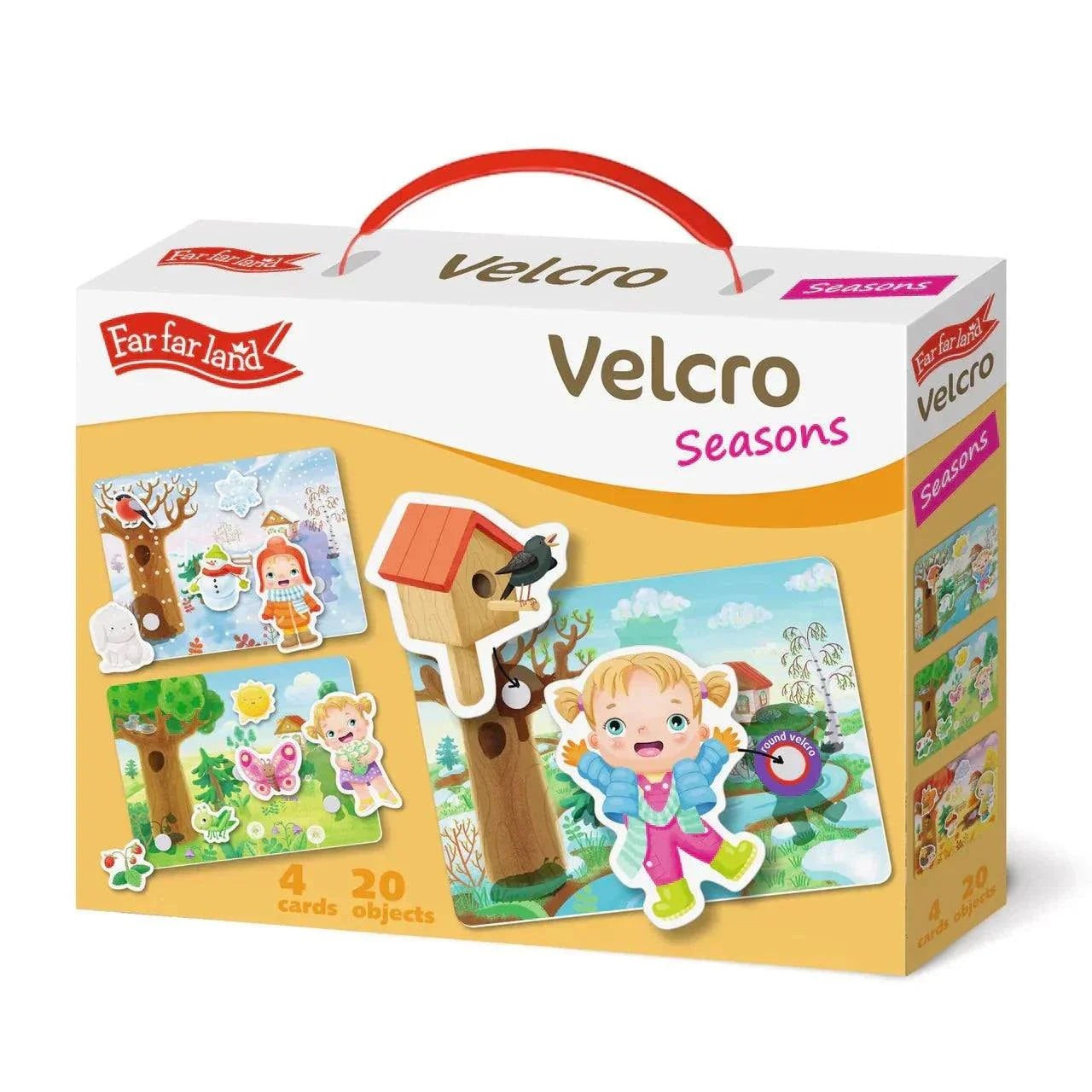 Montessori seasons learning game for toddlers with 4 cards and 20 objects.