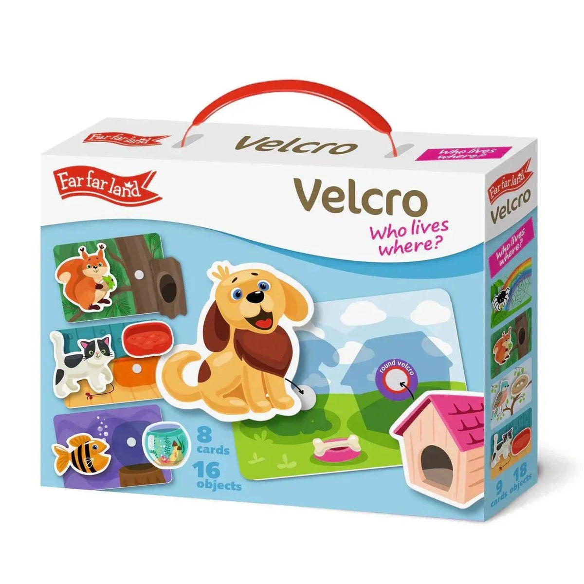 Montessori learning game for children; includes 8 cards, 16 Velcro objects for animal-house matching.