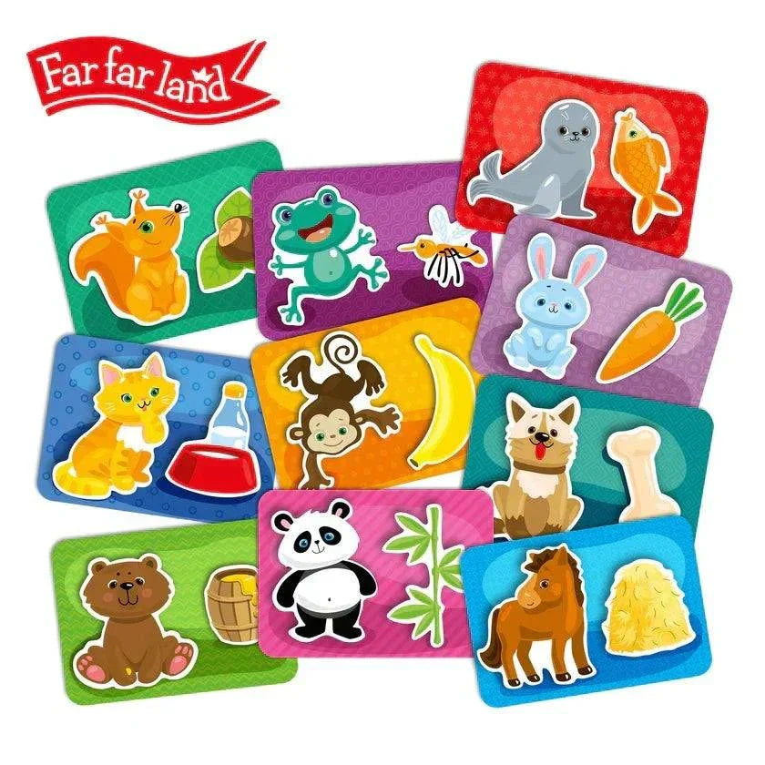 Montessori animal matching game for toddlers with 10 cards and 20 food items.